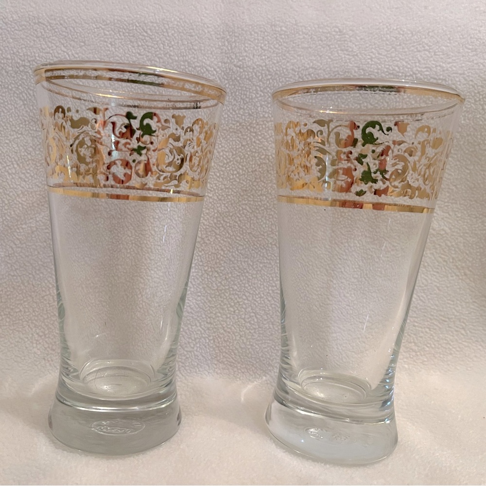 VTG MCM Ocean Thailand Gold Patterned Weighted Bottom Glass Tumblers x 2
